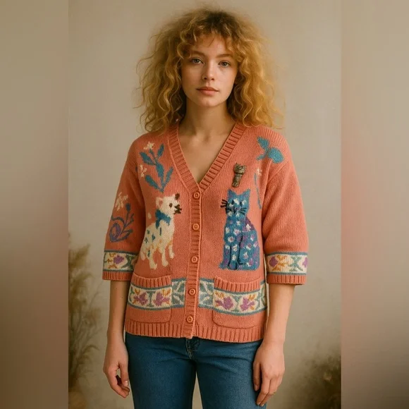 Berek 1989 Hand-Knit Cat Sweater Cardigan + Vintage Cat Brooch 100% Pima Cotton - Picture 1 of 8